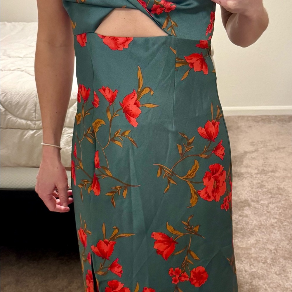 Lulu's Asymmetrical Green Dress with Red Floral Design